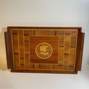 Vintage Wooden Inlay Nautical Serving Tray 12”x19.5”